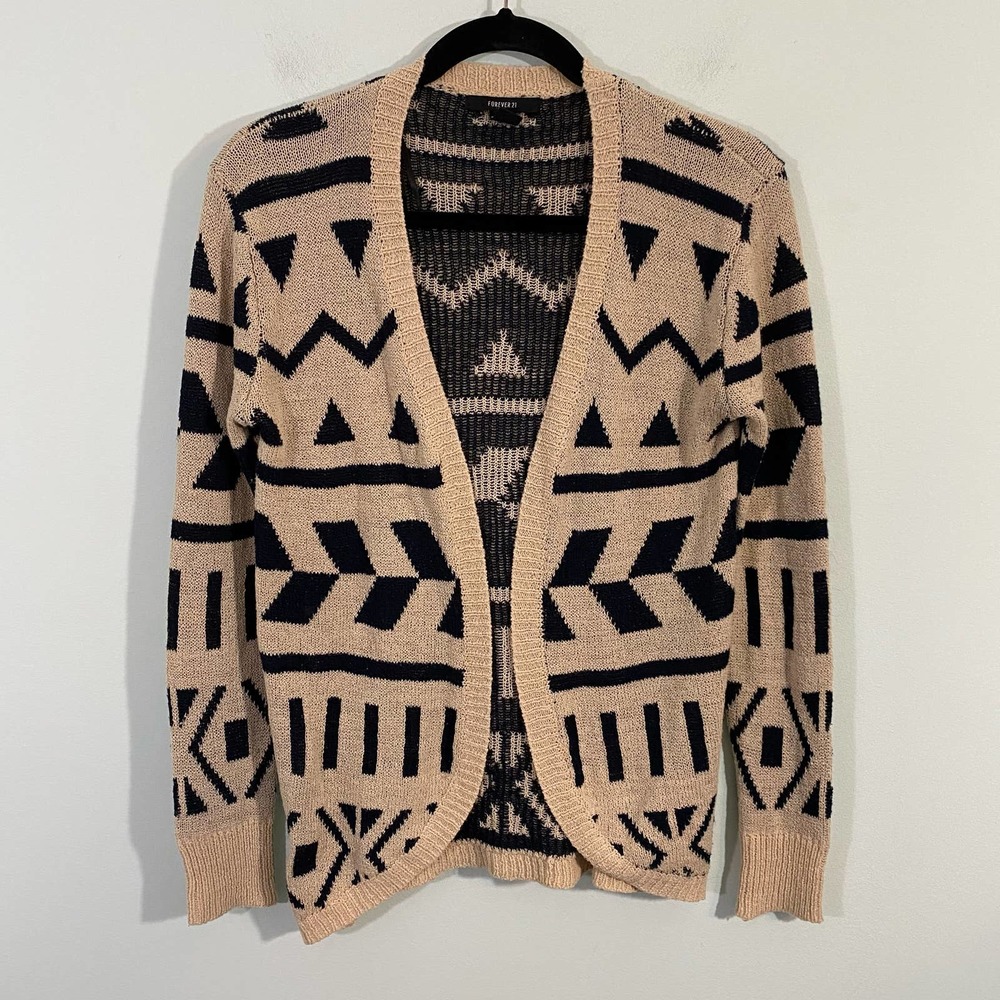 Forever 21 Women's Tan & Black Open Front Aztec Knit Cardigan Size S